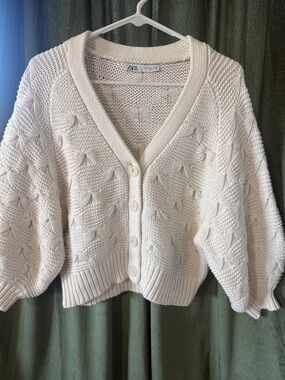 Zara Ivory Textured Knit Button-Up Cardigan